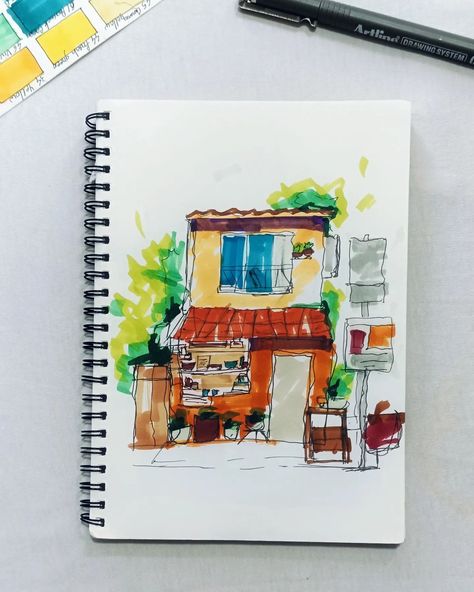 Been learning architectural sketching for quite a while. I have always been fascinated by beautiful houses and to draw them artistically is another joy. This is my first drawing in my learning journey and it turned out quite nice as I expected. . . . (Sketching, markers, drawings, architectural drawings, new learner, sketch book, artistic pens, colour markers) Colour Markers, Crooked Line, Architectural Sketching, Markers Drawing, Copic Marker Art, Sketch Pen, House Sketch, Learning Journey, Architectural Sketch