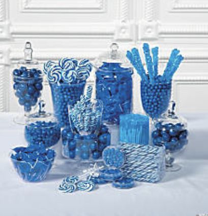 Table Decorations Blue, Silver Candy Buffet, Candy Buffet Ideas, Wedding Table Decorations Blue, Blue Candy Buffet, Candy Buffet Jars, Buffet Dessert, Blue Wedding Decorations, Buffet Ideas