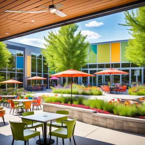 Outdoor dining spaces Outdoor School Cafeteria, School Cafeteria Architecture, School Cafeteria Design, Outdoor Cafeteria, Canteen Design, Cafeteria Design, School Cafe, School Interior, Outdoor Dining Spaces