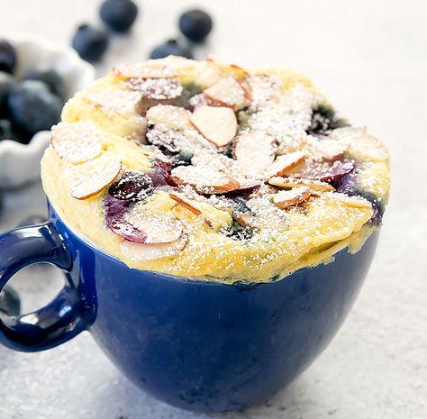 Blueberry Almond Mug Cake (Paleo, Gluten Free) - Kirbie's Cravings Cake Recipes Microwave, Almond Mug Cake, Blueberry Mug Cake, Recipes Microwave, Paleo Mug Cake, Mug Cake Recipes, Gluten Free Mug Cake, Chocolate Chip Mug Cake, Easy Mug Cake