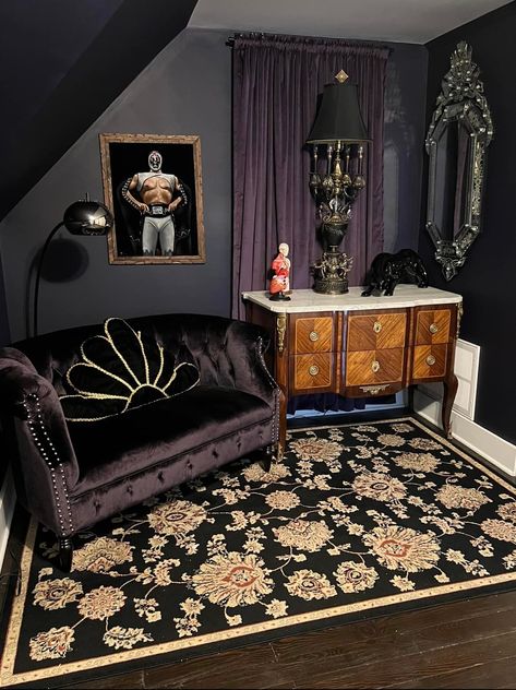 70s Goth Decor, Goth Accent Wall, Goth Esthetician Room, Goth Living Room, Goth Bathroom, Moody Bohemian, Dark Decor, Esthetician Room, Dark Home Decor