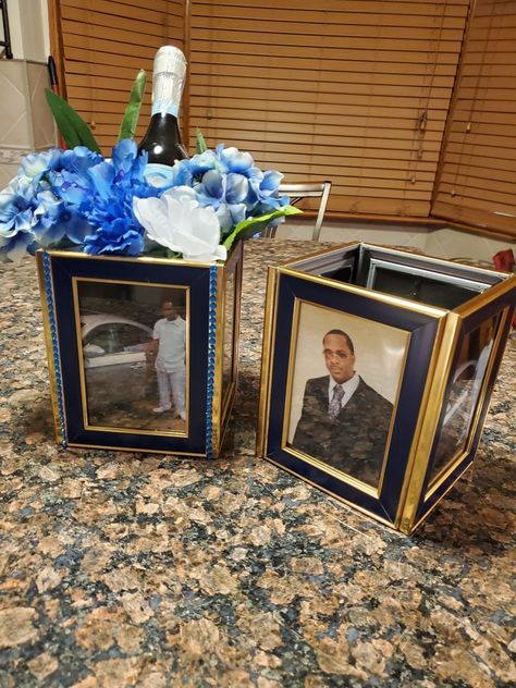 Birthday Centerpiece Ideas For Men, Centerpiece For Men Birthday, Mens Birthday Party Centerpieces, Photos Luminaries, 60th Birthday Centerpieces, Simple Wedding Arch, 83rd Birthday, Flower Vase Crafts, Fathers Day Gift Basket