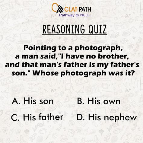 Reasoning Quiz - CLAT PATH- Pathway to NLU 🤘 #exam #onlinepreparation #lawentrance #legal #law #coaching #experts #mentors #expertguidance #examprep #clatpath #Ans_A Clat Exam, Birthday Post, Birthday Post Instagram, Exam Prep, Birthday Posts, Post Instagram, Father And Son, Coaching, Birthday