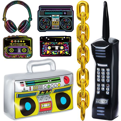 PRICES MAY VARY. Vintage Decorations: Set of 26 80s and 90s themed decorations including inflatable radio boombox, mobile phone, cutouts and balloons for retro party decor Durable Materials: Made from PVC, aluminum foil, paper and plastic for long-lasting use and easy storage Realistic Designs: Inflatable phone and boombox feature printed keys and antenna, while cutouts come in various shapes like headphones, radio and tape Vibrant Colors: Gold-colored decorations add a pop of color and nostalgi 90s Props, Chain Balloons, 90s Decorations, 90s Theme Party Decorations, Headphone Decoration, 90s Party Decorations, Decades Party, 80s Birthday Parties, Hip Hop Birthday