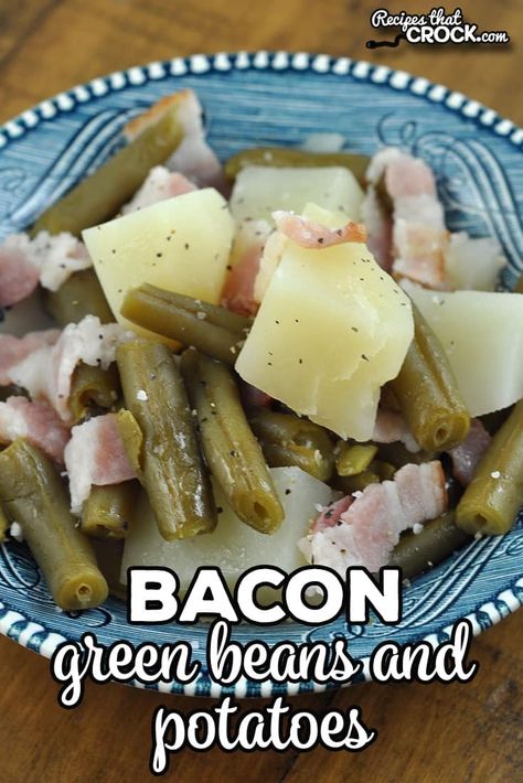 This Bacon Green Beans and Potatoes recipe takes one of our favorite crock pot recipes and gives you the option of making it on your stove top. It is so yummy! Canned Green Beans And Potatoes Stove Top, Boiled Potatoes And Green Beans, Green Beans And Potatoes Stove Top, Beans And Potatoes Recipe, Bacon Green Beans, Easy Oven Recipes, Green Beans Potatoes, Crockpot Green Beans, Pork Steak Recipe