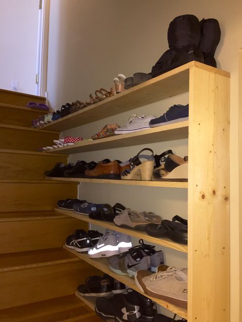 Shelves Going Up Stairs, Stair Shoe Rack, Shoe Rack Stairs, Stairwell Shoe Storage, Stair Shoe Storage Ideas, Stairway Shoe Storage Ideas, Stairway Shoe Storage, Shoe Storage On Stairs, Staircase Shoe Storage