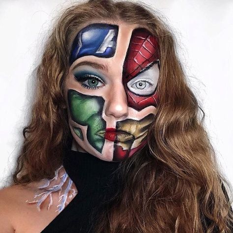 Superhero Makeup Female, Marvel Face Paint, Marvel Makeup Ideas, Marvel Makeup Looks, Hulk Makeup, Captain America Makeup, Avengers Makeup, Super Hero Makeup, Superhero Makeup