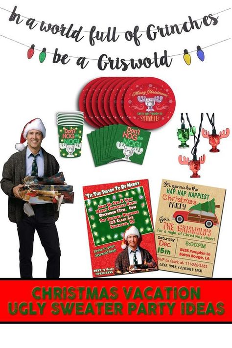 Christmas Vacation Ugly Sweater Party Ideas Ugly Sweater Christmas Party Ideas, National Lampoons Christmas Vacation Diy, Griswold Family Christmas Party, Ugly Sweater Party Ideas, Griswold Christmas Party, Sweater Party Ideas, Christmas Vacation Costumes, Griswold Christmas Vacation, Tacky Christmas Party