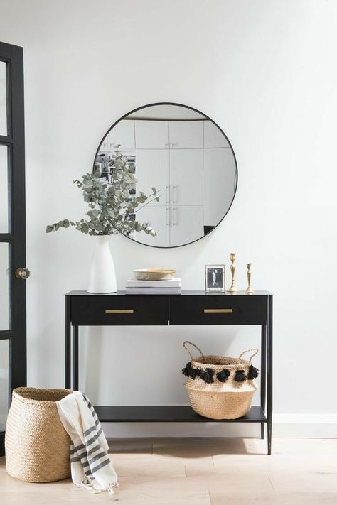 simple entryway decor  foyer black console gold accents round mirror Stair Nook, Apartemen Studio, Decoration Hall, Hall Decor, Entrance Decor, Summer Home Decor, Round Mirror, A Mirror, White Wall