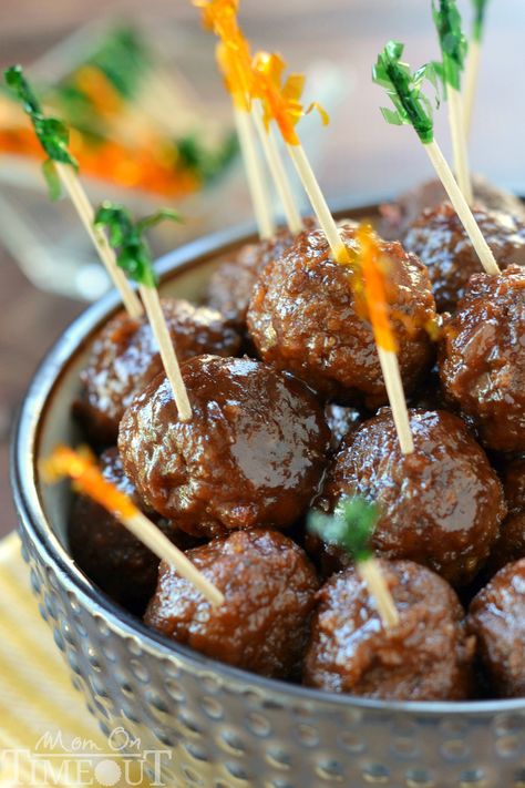 20 Party-Ready Recipes :: Game Day Meatballs Slow Cooker Bbq Meatballs, Slow Cooker Cocktail Meatballs, Cocktail Meatball Recipes, Bbq Meatball Recipe, Appetizer Easy, Mom On Timeout, Cocktail Meatballs, Entertaining Food, Bbq Meatballs