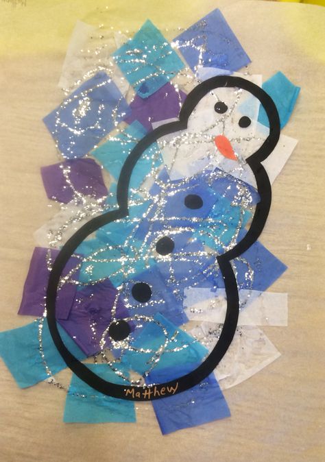 You use parchment paper crumple up tissue paper cut out the outline of the snowman in black paper use a little bit of silver glitter you put the eyes nose and buttons on and you've got a beautiful suncatcher snowman! Tissue Paper Snowman, Snowman Suncatcher Craft, Snowman Suncatcher, January Preschool Crafts, Winter Theme Preschool, Winter Crafts Preschool, Snowmen Activities, Winter Activities Preschool, January Crafts