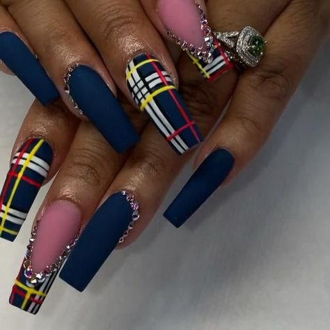 High End Nail Designs, Kwanzaa Nail Designs, Blue Thanksgiving Nails, Ceo Nails, Kwanzaa Nails, Burberry Nails Design, Bedazzle Nails, Blue Plaid Nails, Fall Plaid Nails