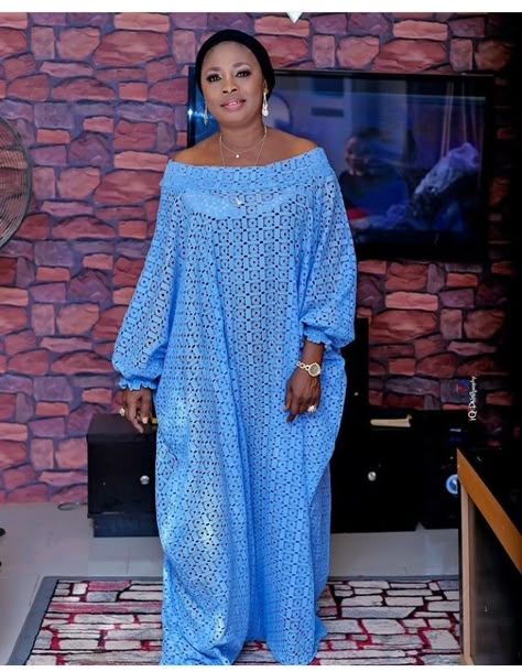 Here is a full view on how to make an off shoulder bubu kaftan with a smoking elastic band Off Shoulder Bubu Gown, Bubu Gown, African Attire Dresses, African Lace Styles, Long African Dresses, Kaftan Designs, Lace Gown Styles, African Fashion Skirts, African Dresses Modern