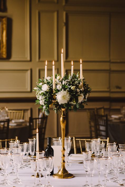 Gold Candleabras Centerpiece Wedding, Gold Trumpet Vase Centerpiece Wedding, Vintage Decor Wedding, Brympton House, Wedding Decorations Elegant, Candelabra Wedding Centerpieces, Modern Vintage Wedding, Green Wedding Decorations, Bride Groom Table