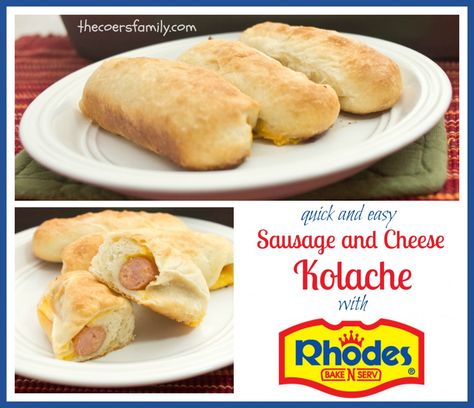 Had these in Texas and love them!  Nothing like Montgomery's kolacky, but my mom made something similar with hot dogs for lunch when she made homemade rolls. Cream Cheese Kolache Filling, Sausage And Cheese Kolaches Texas, Texas Kolaches, Sausage And Cheese Kolaches, Cheese Filling For Kolache, Sausage Kolache, Kolaches Recipe, Cowboy Recipes, Rhodes Bread Dough