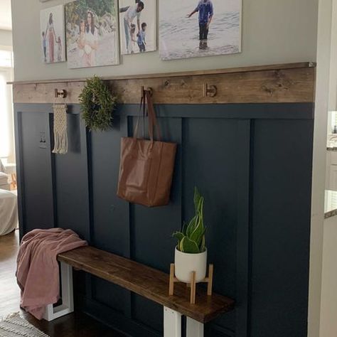 Board And Batten With Doorway, Dark Green Wall With Wood Slats, Black Entryway Ideas, Mudroom Wood Wall, Dark Board And Batten Wall Entryway, Entrance Wall, Black Entryway Wall, Black Board And Batten Mudroom, Wainscoting Entryway