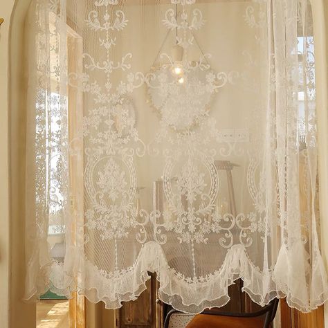 White Wave Embroidered Flowers Window Door Curtains for Living Room Elegant Lace Tulle Warp Ruffled Curtains Vintage, Curtain For Door Window, Curtain Hanging, Classic Doors, Short Curtains, Soft Sofa, Lace Curtains, Window Drapes, Declutter Your Home