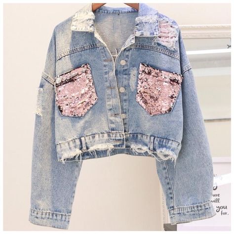 Sequin Denim Jacket, Denim Jacket Plus Size, Jaket Denim, Short Coats Women, Female Jacket, Diy Denim Jacket, Moda Denim, Distressed Jean Jacket, Moda Jeans