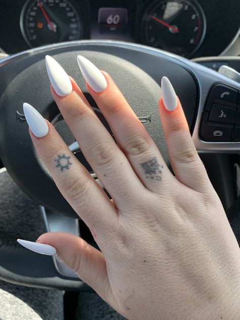 white almond acrylic nails All White Almond Nails With Design, White Matte Acrylic Nails Almond, Baddie Almond Nails White, Nails Acrylic White Almond, White Claw Nails, Long White Almond Nails, All White Almond Nails, White Nail Inspo Almond, White Almond Acrylic