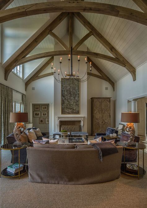 25 Exciting Design Ideas for Faux Wood Beams | Home Remodeling Contractors | Sebring Design Build Timber Frame Living Room, Timber Frame Great Room, Wood Truss, Timber Truss, Shiplap Ceiling, Lodge Room, False Ceiling Living Room, Faux Wood Beams, Genius Ideas