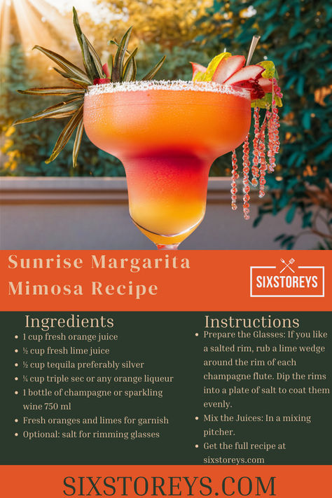 Sunrise Margarita Mimosa Recipe Brunch Mimosa, Mimosa Champagne, Mimosa Recipe, Refreshing Cocktail, Tiki Drinks, Drinks Alcohol, Alcohol Drink Recipes, Lime Wedge, Drinks Alcohol Recipes