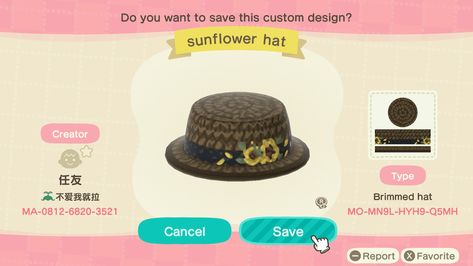 Animal Crossing Brimmed Hat Design, Acnh Hat Design, Clothing Codes, Sunflower Hat, Acnh Clothes, Hat Design, Denim Hat, Sunflower Design, Brim Hat