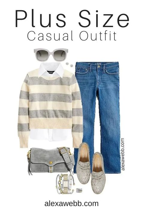 Plus Size Grey Striped Sweater Outfit - A plus size rugby stripe sweater with crystal embellished loafers. Alexa Webb Grey Striped Sweater Outfit, Grey Peacoat, Striped Sweater Outfit, Alexa Webb, Plus Size Winter Outfits, Rugby Stripe, Plus Size Winter, Sweater Outfit, Classic Sweater