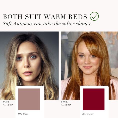 Soft Autumn VS True Autumn fair skin example 🍂 . #coloranalysis #colouranalysis #coloranalyst #autumnpalette #softautumn #trueautumn Soft Autumn Examples, Soft Autumn Vs True Autumn, Soft Autumn Color Analysis, Autumn Color Analysis, Autumn Mute, Bright Green Eyes, Muted Autumn, Autumn Fair, Color Seasons