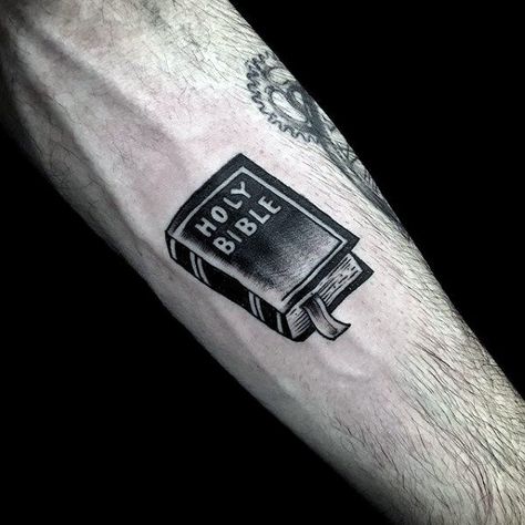 Mens Forearms Religious Holy Bible Tattoo Tattoos Bible, Religious Tattoos For Men, Holy Tattoos, Tattoo Christian, Biblical Tattoos, Bible Tattoos, Bible Verse Tattoos, Verse Tattoos, Tattoo Inspiration Men