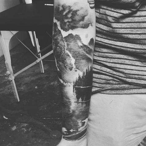 Moraine Lake Tattoo, Reflection Tattoo, Chris Tattoo, Lake Tattoo, Nature Tattoo Sleeve, Crystal Tattoo, Nature Tattoo, Landscape Tattoo, Moraine Lake