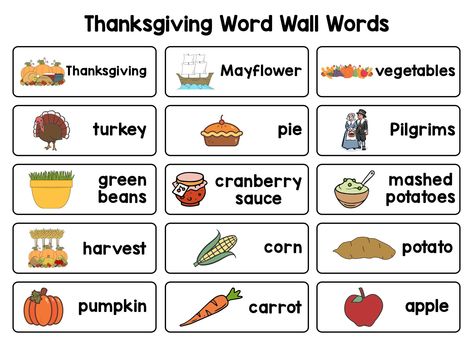 Thanksgiving Words Preschool, Thanksgiving Words List, Thanksgiving Vocabulary Preschool, Preschool Leaves, November Preschool Themes, Preschool Word Walls, Activities Sheets, Writing Center Preschool, November Preschool