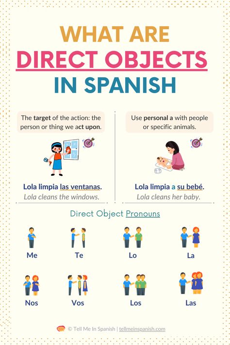 Learn how direct object pronouns in Spanish work with this detailed guide. It covers key structures like the personal "a" and provide a list of direct object pronouns to simplify Spanish grammar. Check this video lesson to improve your understanding and use of these essential grammar rules in everyday conversations. Spanish Direct Object Pronouns, Learning Espanol, Spanish Object Pronouns, Basic Spanish Verbs, Pronouns In Spanish, Spanish Tenses, Direct Object, Basic Spanish, Basic Spanish Words