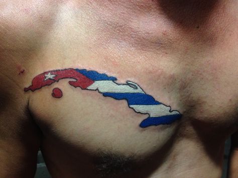 Chest tattoo of the island of Cuba with flag Cuban Flag Tattoos, Cuba Tattoo Ideas, Cuban Artwork, Cuban Tattoos, Cuba Tattoo, Thumb Tattoos, Cuba Flag, Couples Tattoos, Usa Tattoo