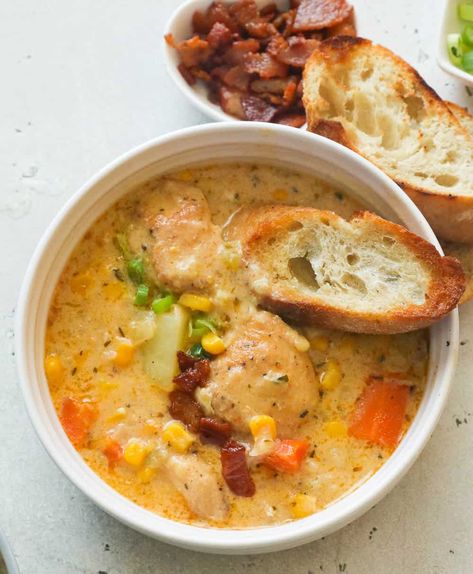 Chicken Corn Chowder Pumpkin Alfredo, Chicken Chowder, Chicken Corn Chowder, Favorite Soups, Chicken Corn, Food Soup, Chowder Soup, Recipes Soup, Keto Soup