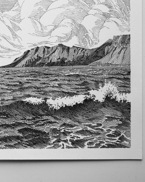 Ocean Pen Drawing, Lined Drawing, Ocean Themed Art, Etching Illustration, Hatch Art, Drawing Composition, Pen Artwork, Ocean Drawing, Pen Sketches