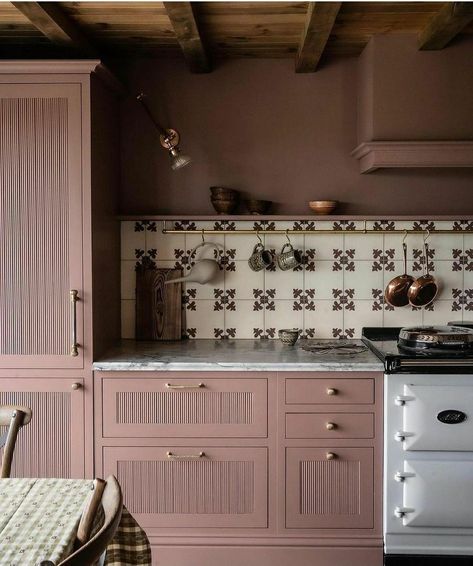 Mauve Kitchen, Floral Backsplash, Coloured Kitchens, Pink Rooms, Functional Interior, Mad About The House, Victorian Terrace, Lake Cottage, Yellow Kitchen