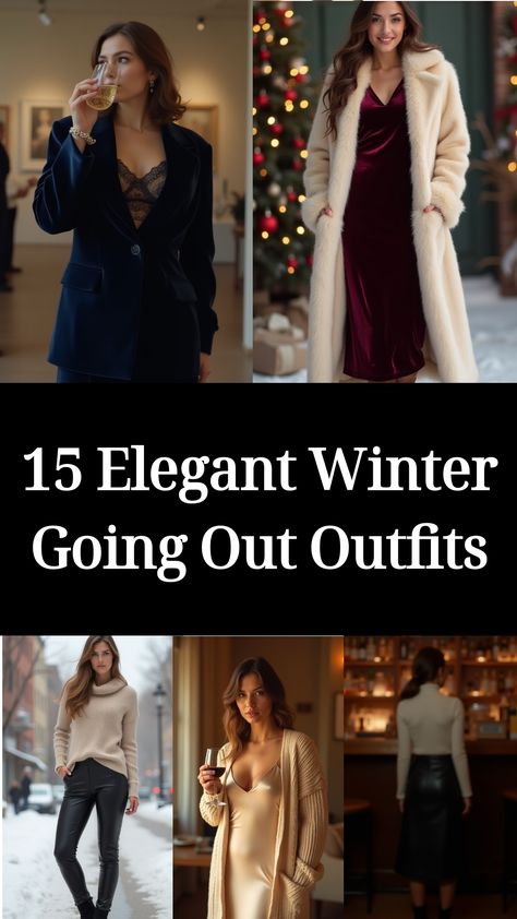 15 Elegant Winter Going Out Outfits Jacket Over Dress Formal Velvet, Date Night Dresses Winter, Winter Coat With Dress, Chic Night Out Outfit Winter, Cold New Years Eve Outfit Winter, Dinner In Nyc Outfit Winter, Semi Formal Dinner Outfit Winter, Daytime Date Outfit Winter, Cold Weather Formal Outfit