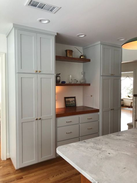 Tall Kitchen Storage Cabinet, Shaker Pantry Cabinets, Large Kitchen Pantry Cabinets, Kitchen Built In Pantry Wall, Pantry Wall With Desk, Wall Of Cabinets Kitchen Storage, Additional Cabinets In Kitchen, Full Wall Kitchen Cabinets With Island, Pantry Wall In Dining Room