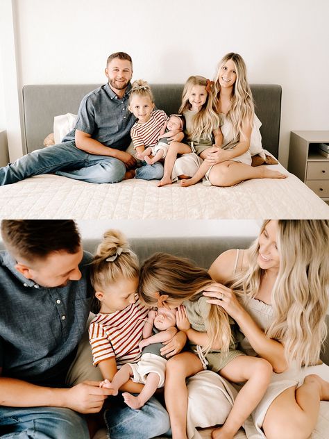 Family Sitting On Couch Poses, Family Photo Bed, In Bed Family Photoshoot, Indoor Newborn Family Pictures With Siblings, Family Photoshoot On Bed, Family Photo On Bed, Newborn Family Of 5 Pictures, Cozy Family Pictures, Bedroom Family Photos