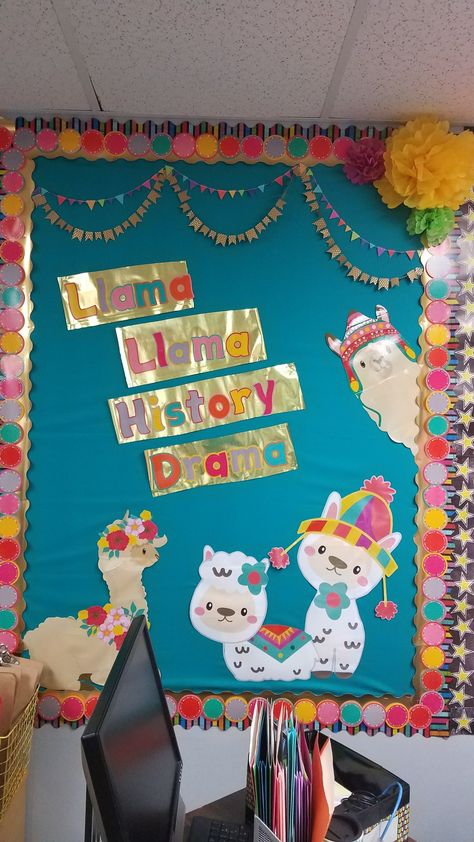 Llama llama history drama bulletin board Llama Bulletin Board Ideas, Llama Classroom Theme, Llama Bulletin Board, Llama Decorations, Llama Classroom, Cactus Classroom, Classroom Decor Middle, Llama Decor, Classroom Lesson Plans