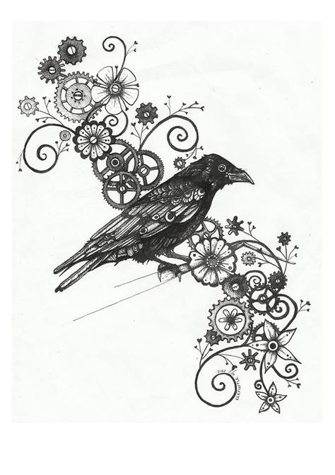 Clockwork Crow by fitakerfuffle Steam Punk Tattoo For Women, Black Crow Tattoos, Steampunk Flowers, Snow Tattoo, Symbols Of Strength Tattoos, Gear Tattoo, Snoopy Tattoo, Fox Tattoo Design, Steampunk Tattoo