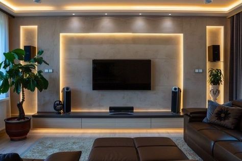 Tv Console Design, Luxury Tv Wall, Feature Wall Living Room, New Ceiling Design, Flush Door, Living Room Wall Units, Tv Unit Interior Design, Tv Cabinet Design, Latest Living Room Designs