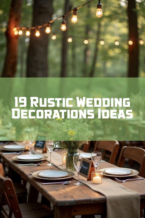 Did you know that rustic wedding decorations can transform your special day into a charming countryside celebration? From vintage lanterns to wooden centerpieces, discover how to create that idyllic rustic vibe. Explore unique ideas for barn weddings and DIY touches that make a statement. Get inspired with our gallery of 19 breathtaking photos and turn your dream wedding into reality with timeless rustic elegance! Rustic Wedding Wall Decor, Small Farm Wedding, Farm Rustic Wedding, Rustic Wedding Decoration Ideas, Diy Country Wedding, Rustic Chic Wedding Ideas, Rustic Barn Weddings, Rustic Table Setting, Wooden Centerpieces