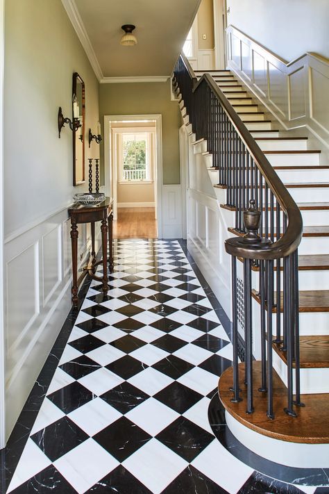 Mission Tile West in Santa Monica Black White Checkered Floor, Check Floor, Mission Tile West, Checkered Tiles, Black And White Tile, Mission Tile, Checkered Floor, Los Angeles Architecture, Master Bath Design