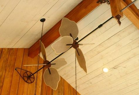 Related image Fancy Ceiling Fan, Pulley Decor, Log Cabin Lighting, Belt Driven Ceiling Fans, Windmill Ceiling Fan, Ceiling Fan Makeover, Unique Ceiling Fans, Cabin Lighting, Ceiling Design Modern