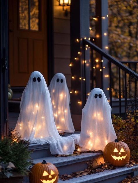 8 DIY Outdoor Halloween Decorations to Try This Year Easy Halloween House Decorations, Halloween Steps Decor, Halloween Ghost Decorations Outdoor, Ghosts Decoration Outdoor, Outdoor Halloween Archway, Diy Ghosts For Trees, Diy Porch Ghosts Outdoor, Halloween Decorations Outside House, Halloween Outside House Decorations