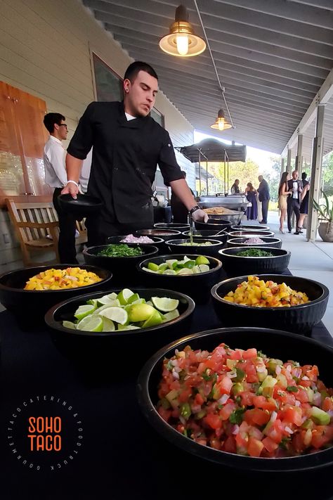 Street Taco Buffet, Mexican Catering Display, Mexican Catering, Rally Ideas, Fullerton Arboretum, Taco Catering, Gourmet Tacos, Mexican Treats, Arboretum Wedding