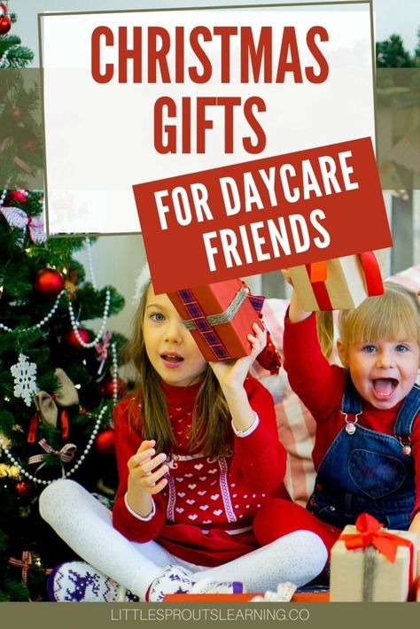 young kids at daycare with christmas gifts by the tree Preschool Friend Christmas Gift, Christmas Toddler Class Gifts, Kids Friend Gifts, Infant Daycare Christmas Gifts, Christmas Gifts Daycare Kids, Christmas Gifts For School Friends, School Friends Christmas Gifts, Daycare Class Christmas Gifts, Kids Friends Christmas Gift Ideas