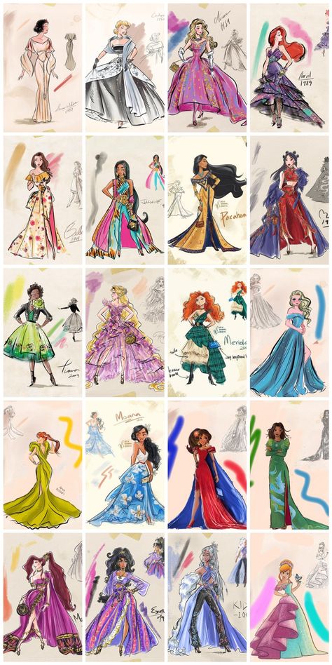 Disney Fashion Illustration, Disney Princess Designer Collection, Disney Princess Redesign, Disney Princess Concept Art, Disney Princess Ball Gowns, Disney Princess Dresses Drawings, Disney Fashion Sketches, Princess Dress Drawing, Disney Princess Gowns