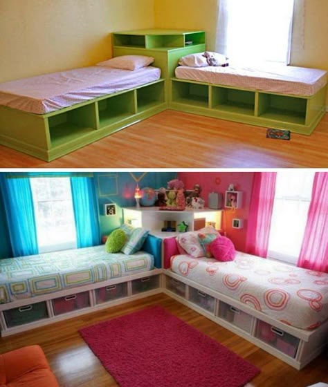 Cool DIY Kids Bunk Bed Ideas and Tutorials 2017 Small Shared Bedroom Layout, Small Bedroom Ideas For 2 Brothers, Shared Small Bedroom Ideas, Splitting A Bedroom In Two, Corner Twin Beds, Bunk Bed Ideas, Kids Bunk Bed, Bunk Beds Boys, Modern Bunk Beds